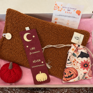 coffret d'automne avec une pochette à livre, un pochon d'Halloween, une petite citrouille au crochet et un marque page