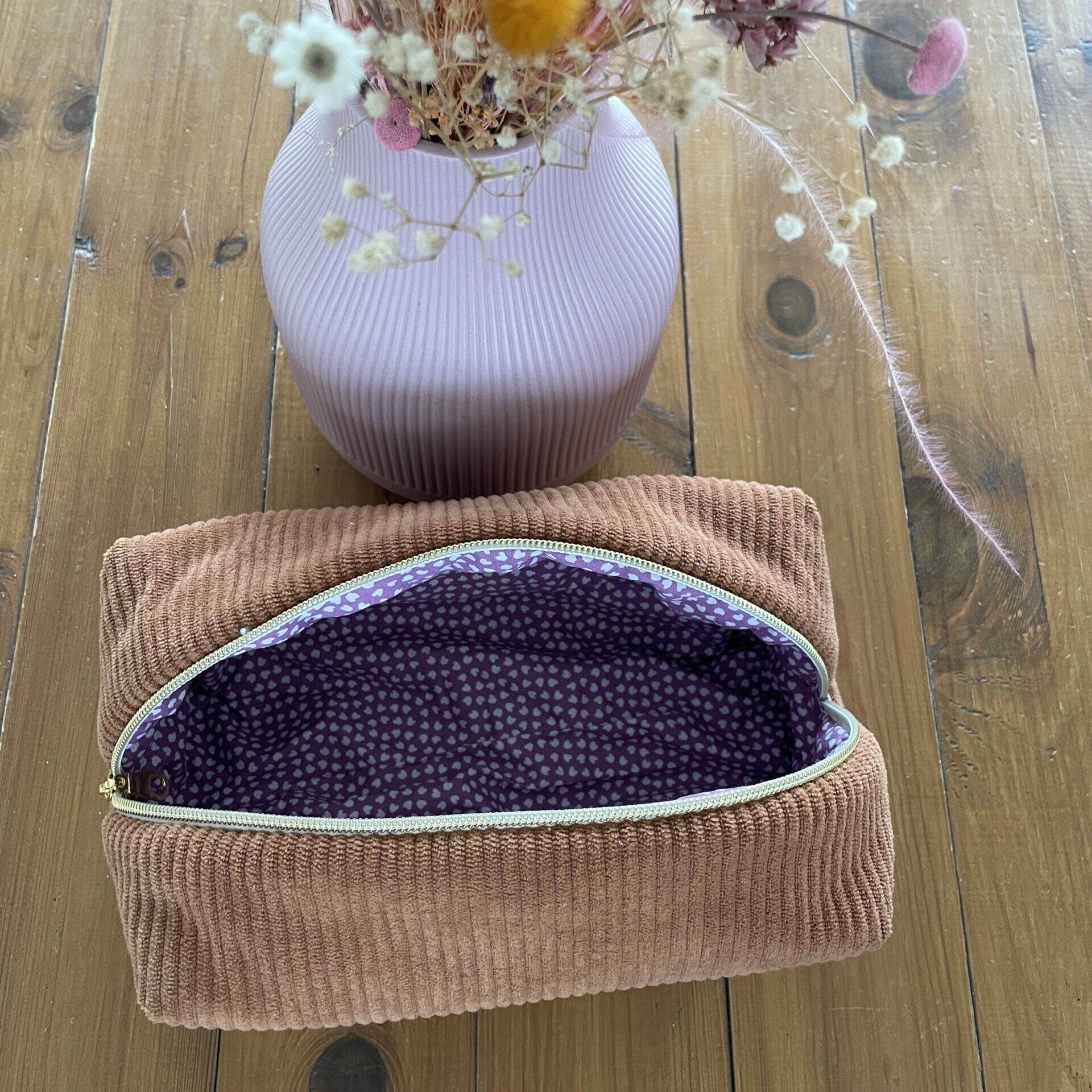 Trousse de maquillage - Velours marron / cœur, taille M