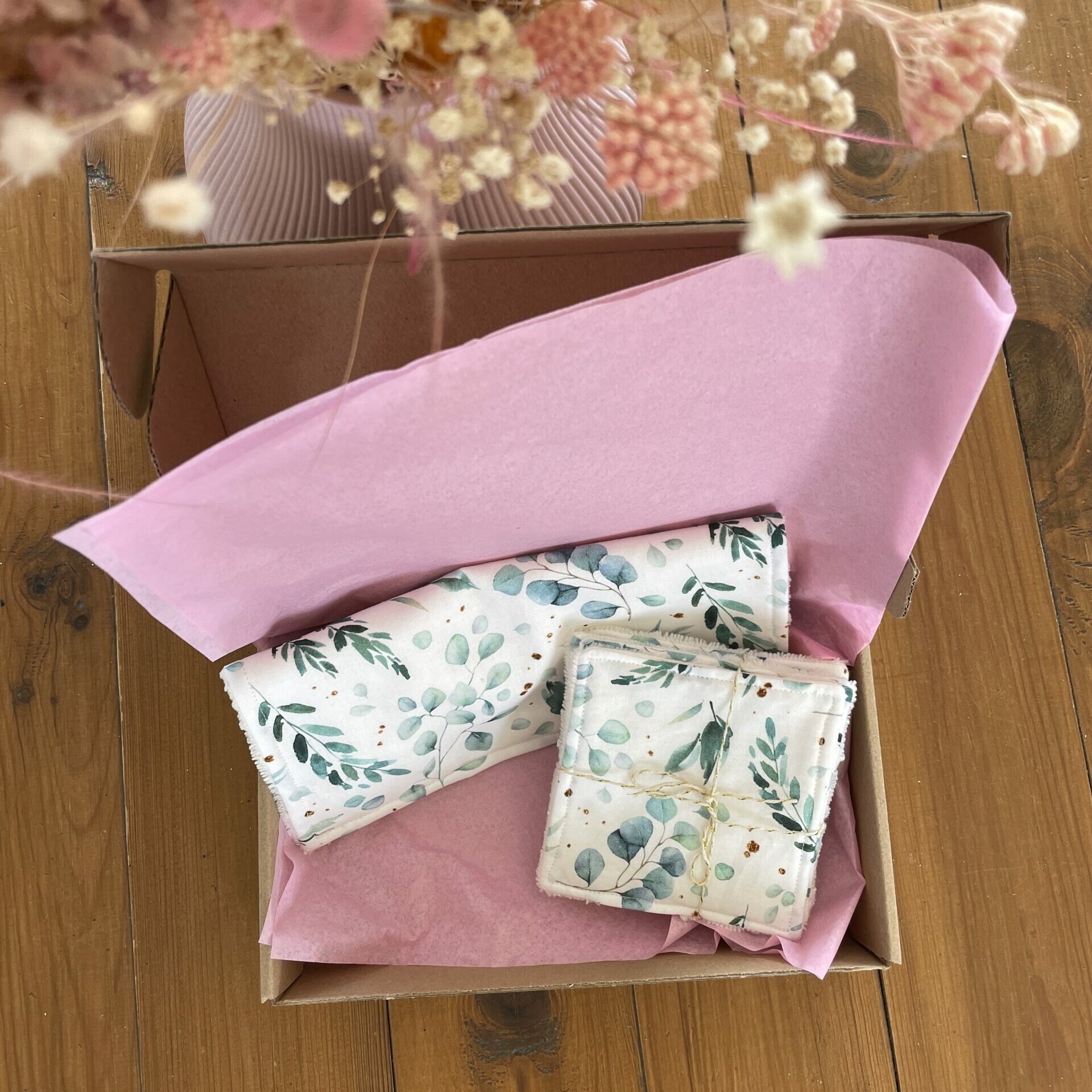 Coffret Beauté Visage – Serviette Douce & 4 Lingettes Réutilisables - Double gaze pois Bleu paon