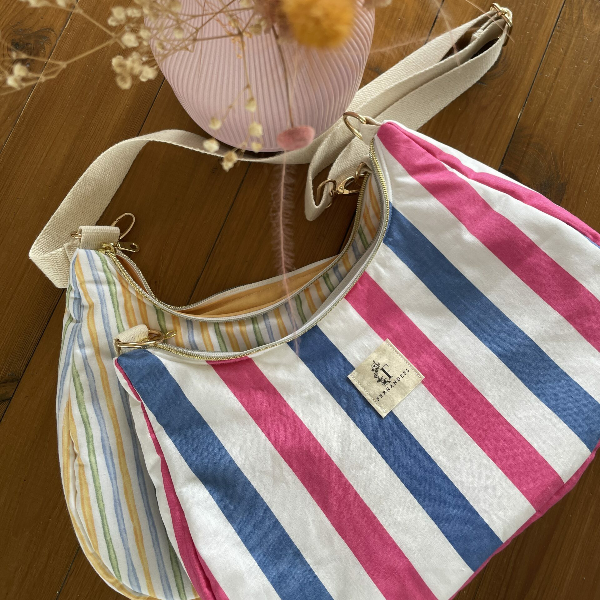 Sac à main Fernande35 tissu rose et blanc
